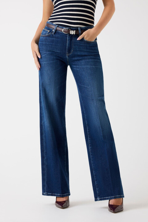 Kadın Indaco Kaşmir Karışımlı Palazzo Fit Jean - Mavi 