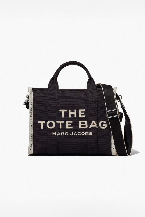 Kadın Tote Bag Jakarlı Kumaş Yazı Baskılı Şerit Detaylı El Çantası - Siyah 