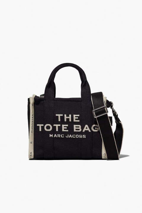 Kadın Tote Bag Jakarlı Kumaş Yazı Baskılı Şerit Detaylı Omuz Çantası - Siyah 