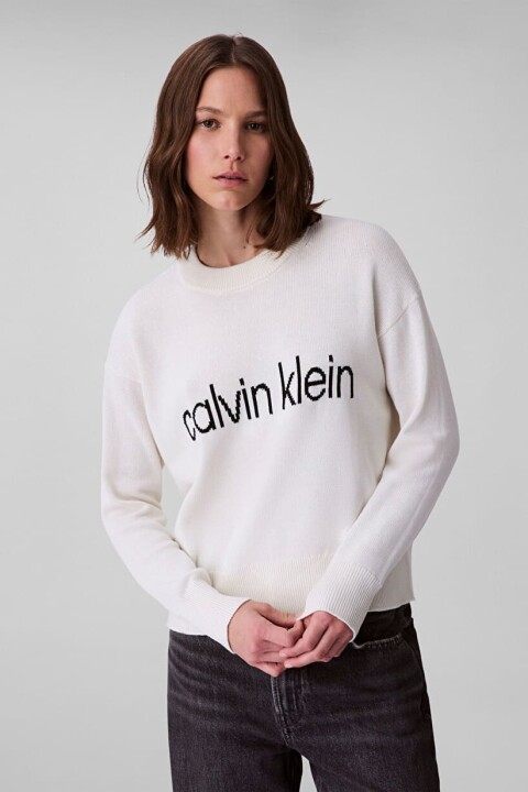 Kadın Jakarlı Logolu Triko Kazak - Krem 