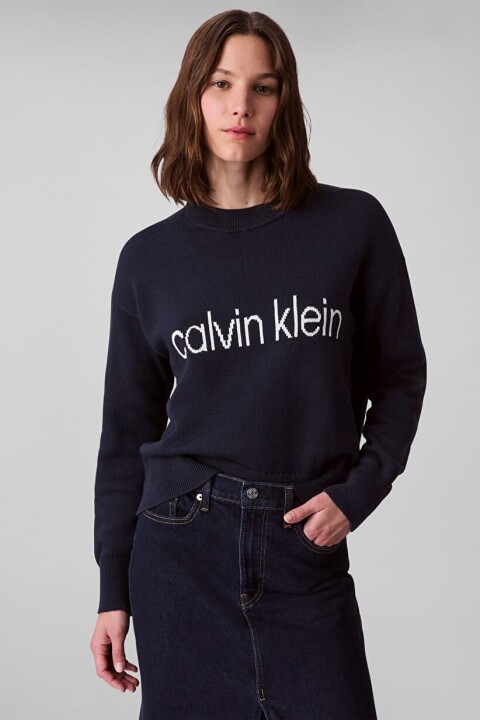 Kadın Jakarlı Logolu Triko Kazak - Lacivert 