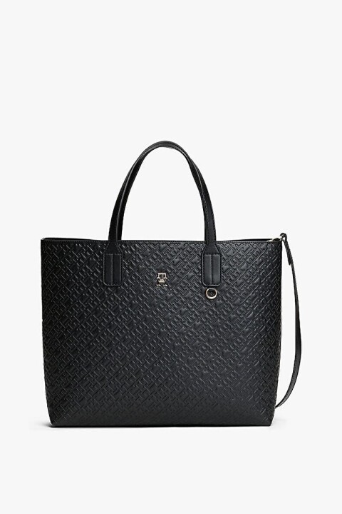 Kadın Kabartma Monogram Desenli El ve Omuz Çantası - Siyah 