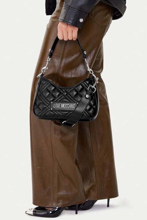 Kadın Kapitone Logo Omuz Çantası – Siyah 