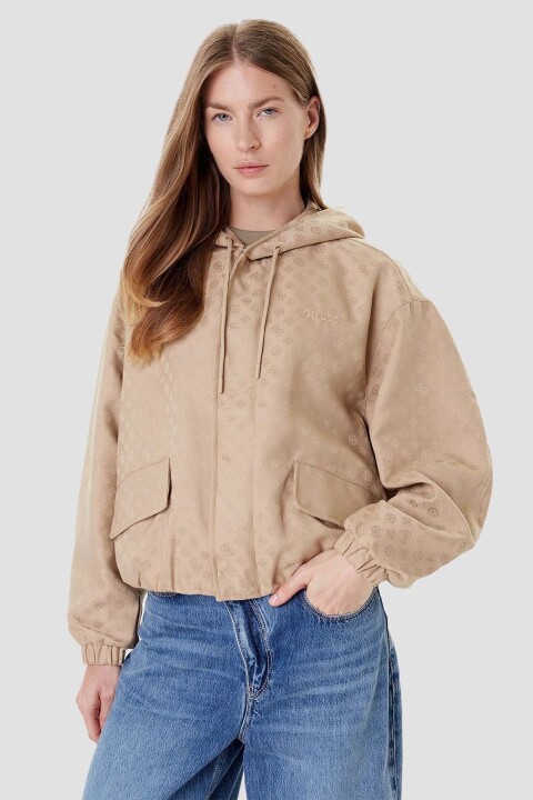 Kadın Kapüşonlu Fermuarlı Monogram Aktif Mont- Bej 