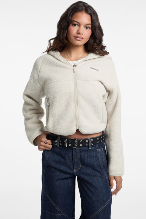 Kadın Kapüşonlu Standart Kalıp Pelüş Ceket - Ekru 