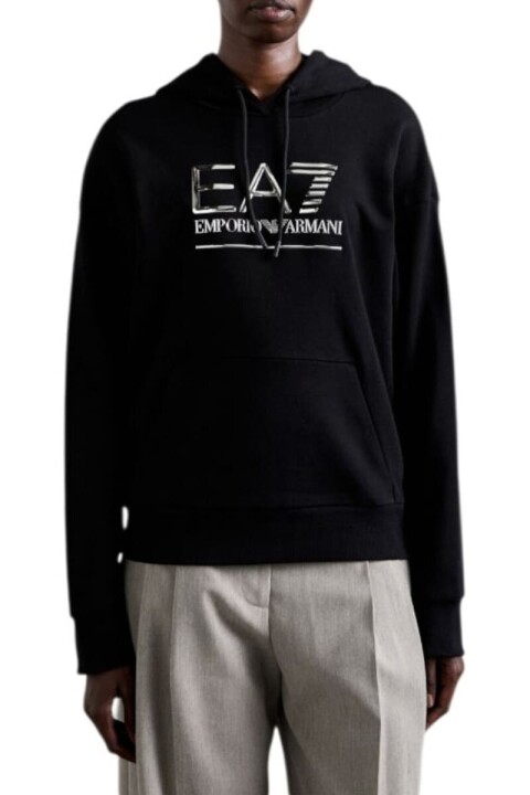 Kadın Kapüşonlu Tam Kalıp Logolu Sweatshirt - Siyah 