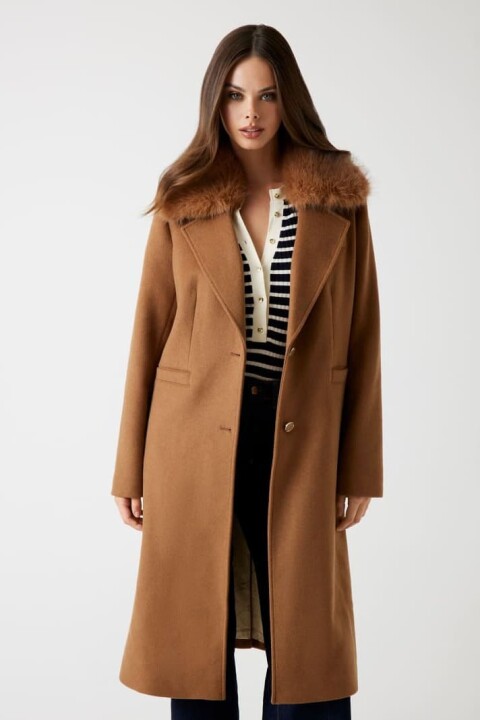 Kadın Karole Yün Karışımlı Kaban - Kahverengi 