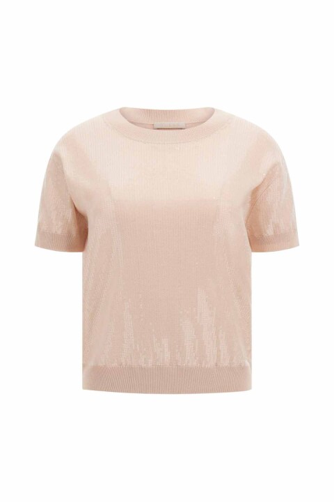 Kadın Kısa Kollu Parlak Triko Kazak- Pudra 