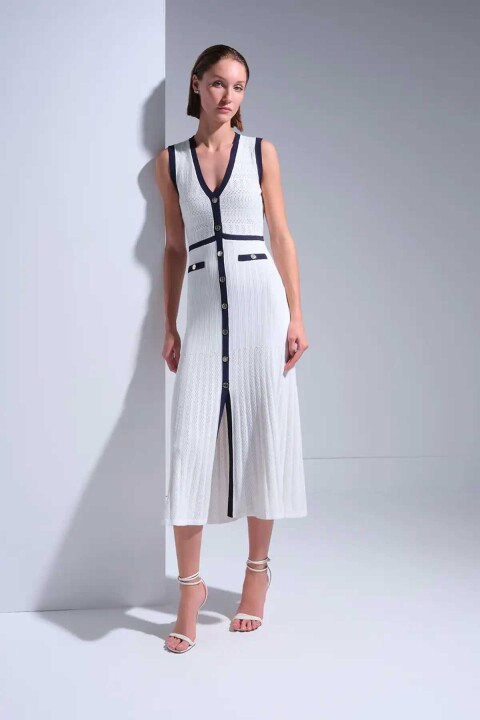 Kadın Lacivert Şerit Detaylı Midi Elbise - Beyaz 