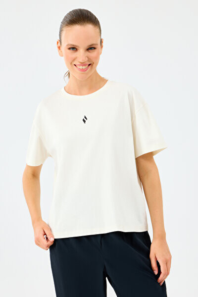 Kadın Light Fabric Bisiklet Yaka Minimal Logolu T-Shirt - Beyaz 