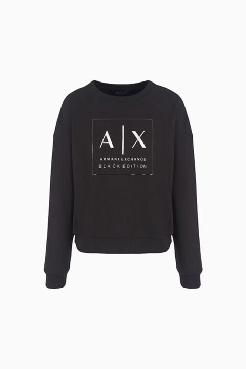 Kadın Logo Baskılı Bisiklet Yaka Sweatshirt - Siyah 