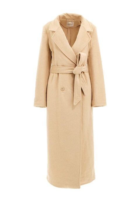 Kadın Lorenza Kuşaklı Kruvaze Yaka Uzun Kaban - Bej 