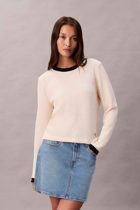 Kadın Ls Waffle Tee T-Shirt - Krem 