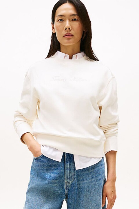 Kadın Lurex Bisiklet Yaka Yazı Nakışlı Sweatshirt - Krem 