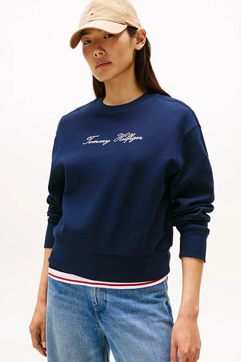 Kadın Lurex Bisiklet Yaka Yazı Nakışlı Sweatshirt - Lacivert 