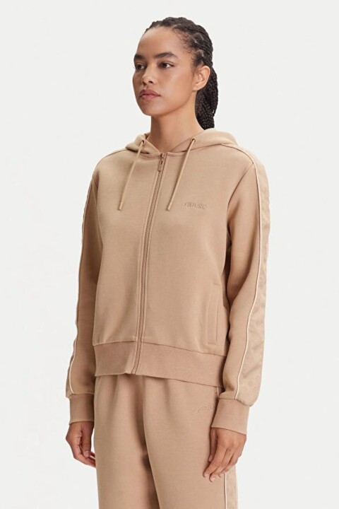 Kadın Maryella Kapüşonlu Kolu Şeritli Sweatshirt - Bej 