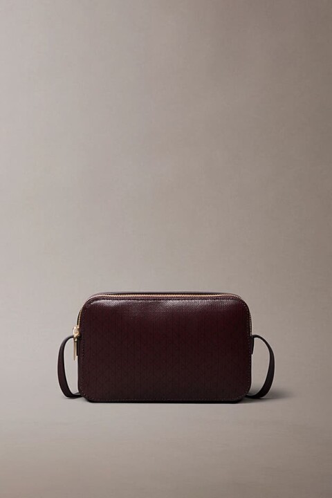 Kadın Monogram Baskılı Dokulu Kamera Omuz Çanta - Bordo 