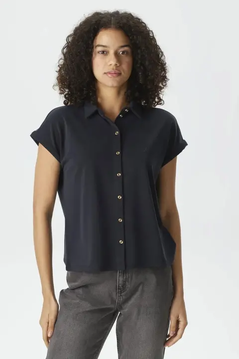 Kadın Kısa Kollu Relaxed Fit Polo Gömlek - Siyah 