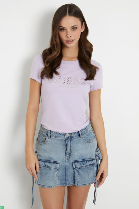 Kadın Önde Sangallo Logolu Streç T-Shirt - Lila 