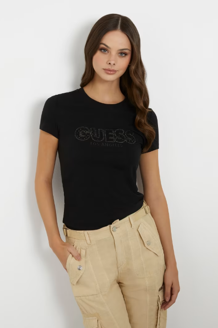 Kadın Önde Sangallo Logolu Streç T-Shirt - Siyah 