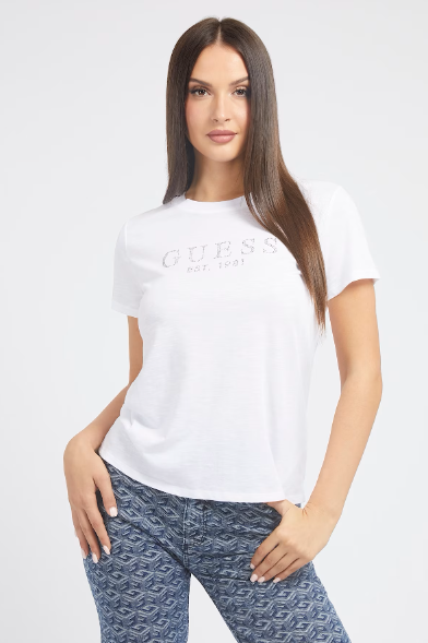 Kadın Önde Taş Logolu T-Shirt / Beyaz 