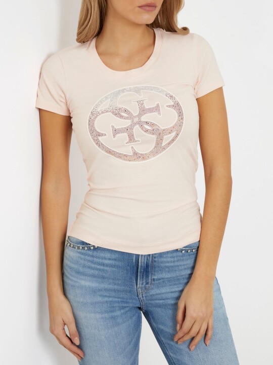 Kadın Önü Taşlı Logolu T-Shirt-Pembe 