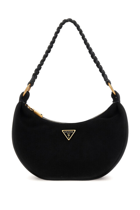 Kadın Örgü Saplı Süet Deri Yarım Ay Çanta - Siyah 