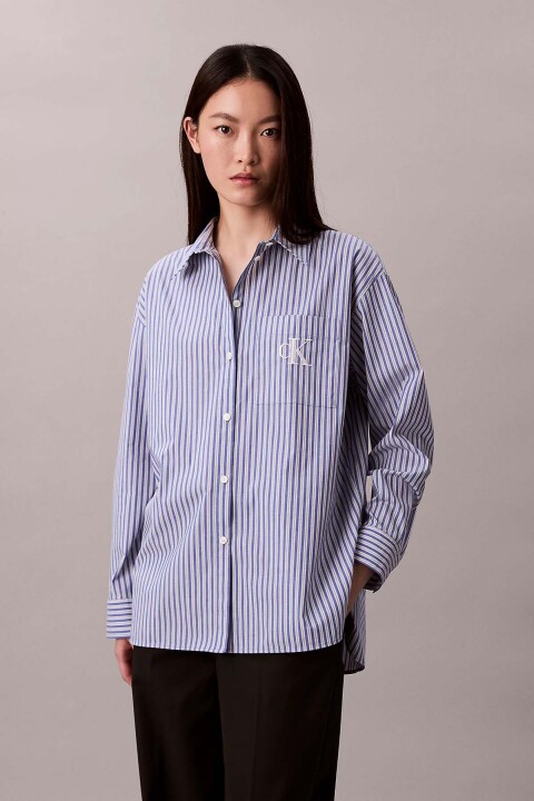 Kadın Oversize Fit Çizgili Poplin Gömlek - Mavi/Beyaz 