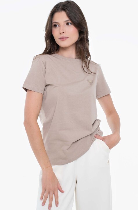 Kadın Oversize Fit Logolu Pamuklu T-Shirt - Bej 