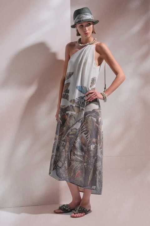 Kadın Palmiye Desenli Tek Omuz Midi Elbise - Yeşil 