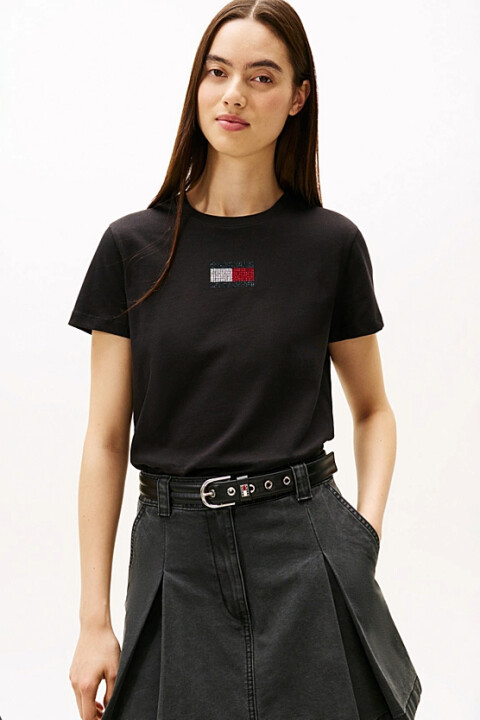 Kadın Party Flag Tam Kalıp Işıltılı Logo Detaylı T-Shirt - Siyah 