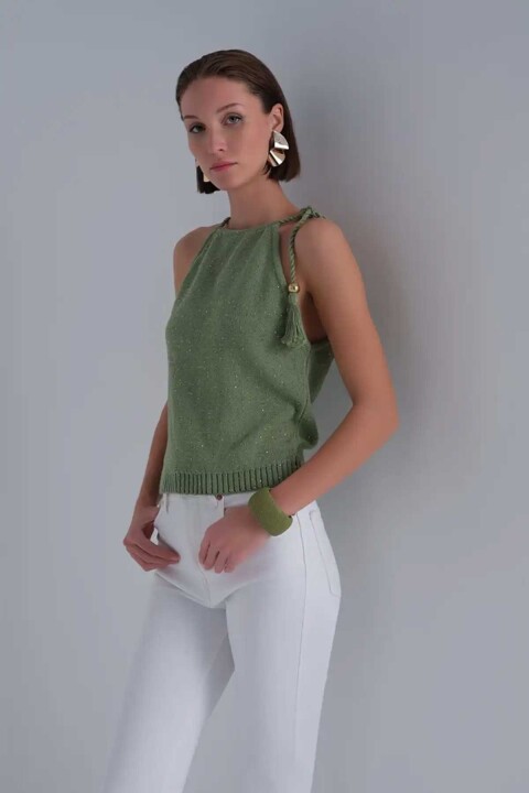 Kadın Püskül Detaylı Pullu Bluz - Yeşil 