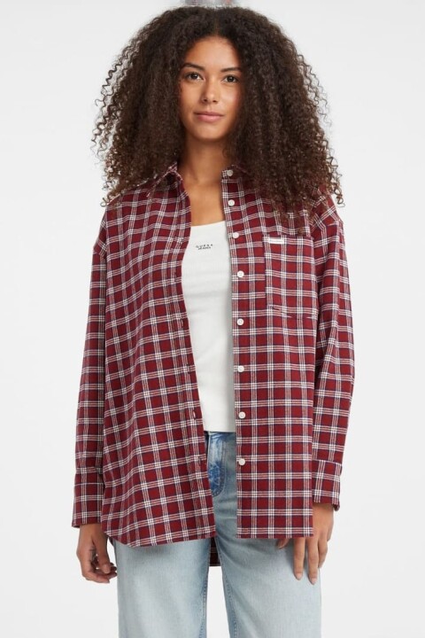 Kadın Rahat Kalıp Ekose Bol Kesim Flanel Gömlek- Kırmızı 