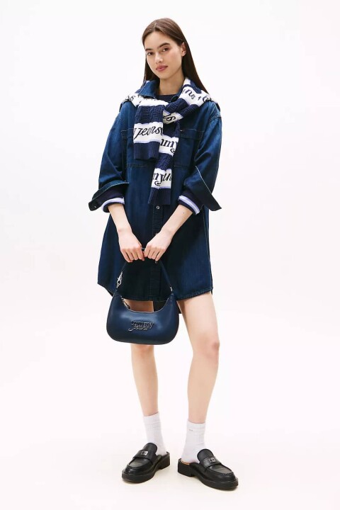 Kadın Rahat Kesim Çift Cepli Kot Gömlek Elbise - Lacivert 