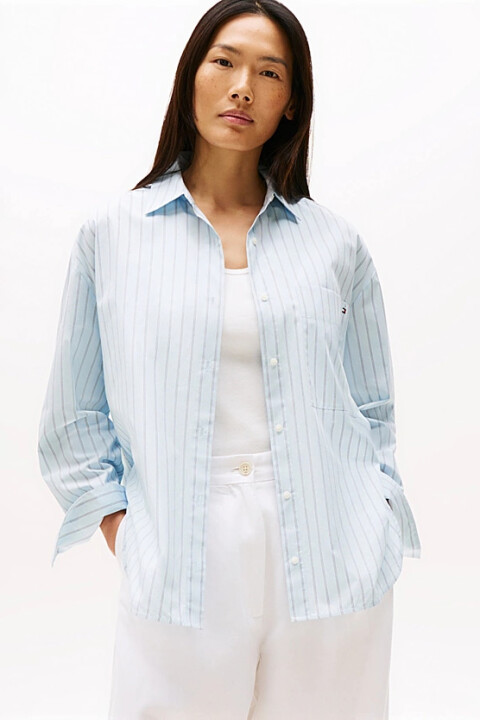 Kadın Rahat Kesim Çizgili Gömlek - Açık Mavi 