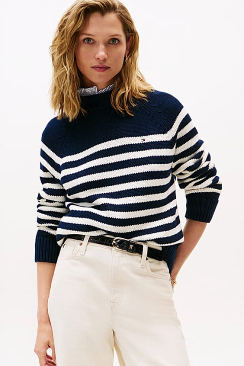 Kadın Rahat Kesim Yarım Balıkçı Yaka Çizgili Triko Kazak - Lacivert 