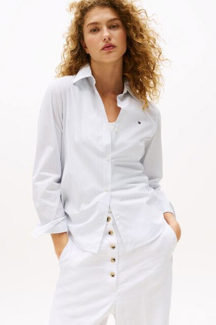 Kadın Regular Fit Çizgili Poplin Gömlek - Mavi/Beyaz 