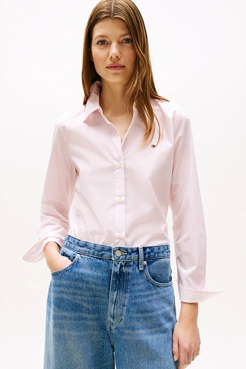 Kadın Regular Fit Çizgili Poplin Gömlek - Pembe/Beyaz 