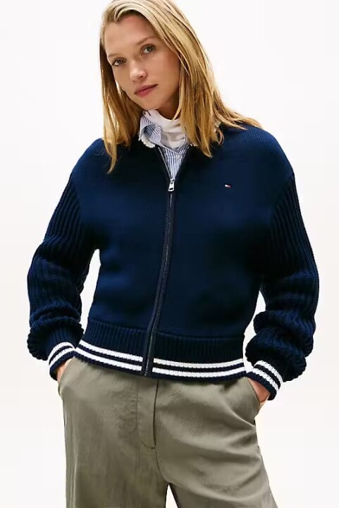 Kadın Regular Fit Çizgili Ribanalı Triko Bomber Ceket - Lacivert 