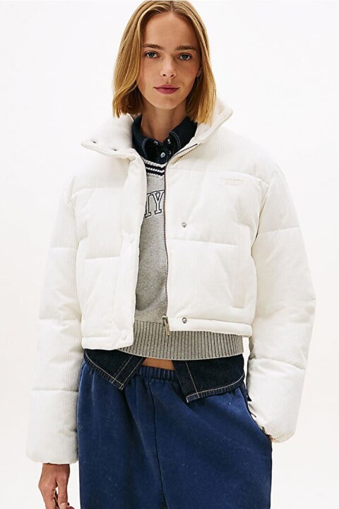 Kadın Relaxed Fit Fitilli Kadife Dokulu Su İtici Şişme Mont - Ekru 