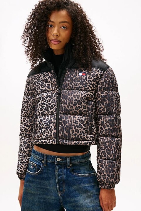 Kadın Relaxed Fit Leopar Desenli Kısa Şişme Mont - Leopar Desenli 