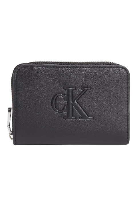 Kadın Sculpted Med Orta Fermuarlı Cüzdan - Siyah 