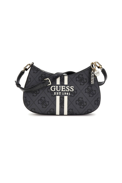 Kadın Şerit Detaylı Monogram Desenli Yarım Ay Omuz Çantası - Antrasit 