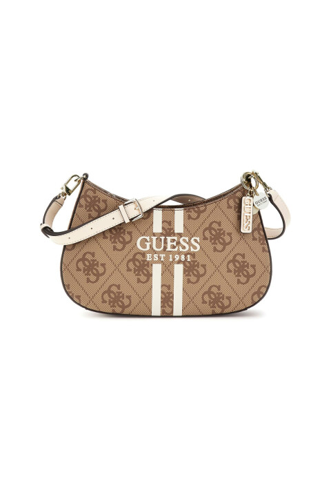 Kadın Şerit Detaylı Monogram Desenli Yarım Ay Omuz Çantası - Kahverengi 