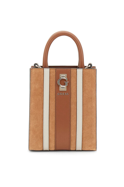 Kadın Şerit Detaylı Süet Deri Mini Dikey Çanta - Taba 