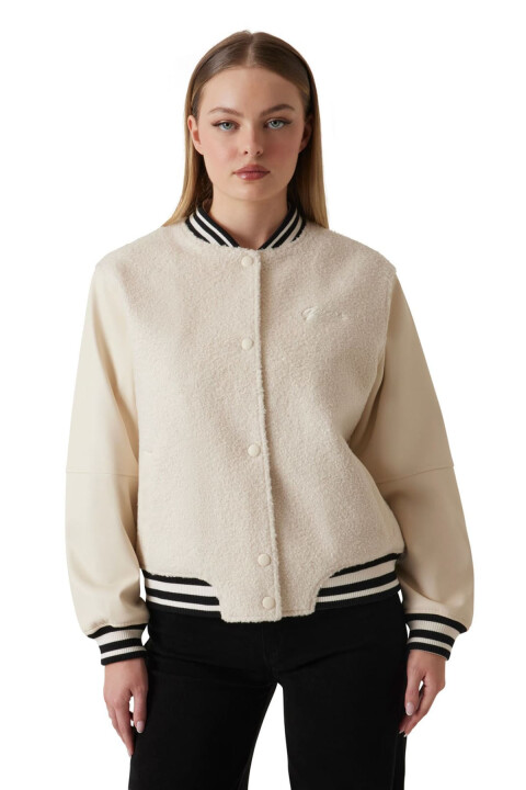 Kadın Şeritli Kolej Bomber Ceket - Bej 