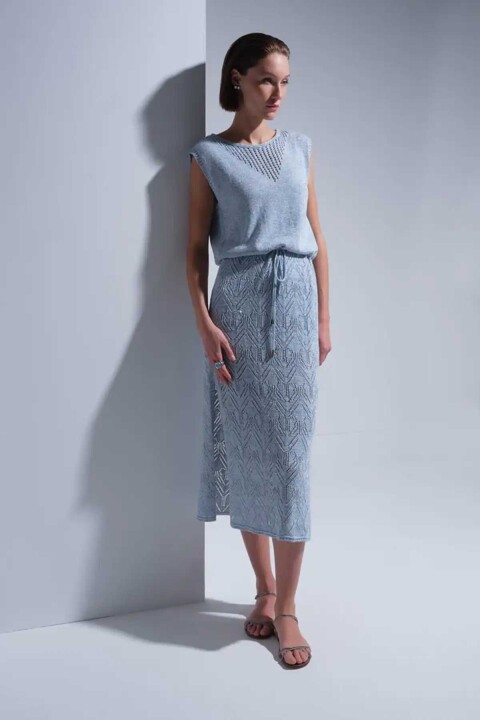 Kadın Sim Detaylı Ajurlu Midi Elbise - Mavi 