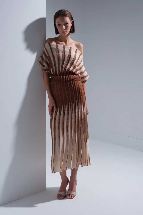 Kadın Sim Detaylı Piliseli Midi Etek - Kahverengi 