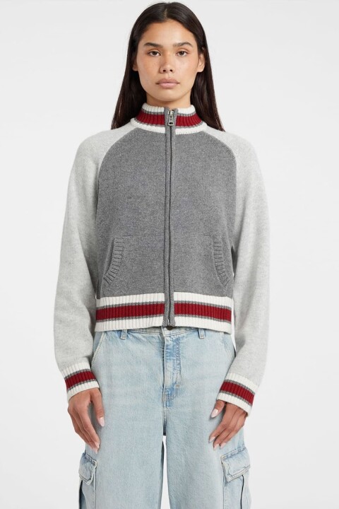 Kadın Sırtı Grafik Desenli Fermuarlı Triko Hırka - Gri 