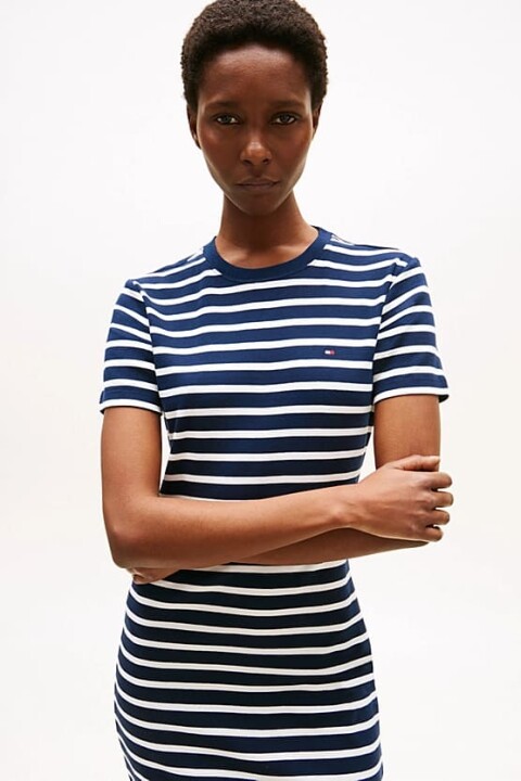 Kadın Slim Fit Çizgili Mini T-Shirt Elbise - Lacivert/Beyaz 